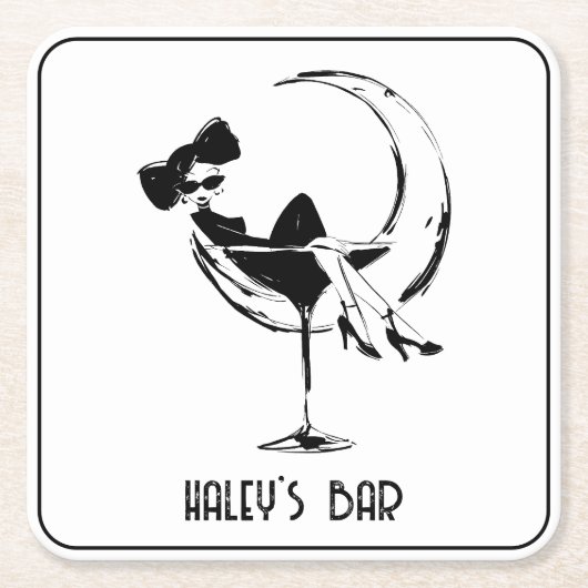Retro-Frau in Martini-Bar Rechteckiger Pappuntersetzer (Vorderseite)