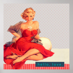 Retro Frau in rotes KleidButton-oben Vintager Art Poster