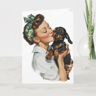 Retro-Frau küsst süßen Dachshund Karte