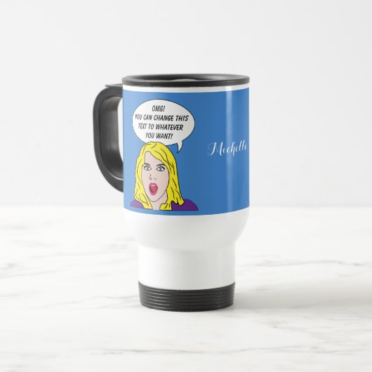 RETRO-FRAU mit benutzerdefinierten TEXT-Tasse Reisebecher (Vorderseite Links)