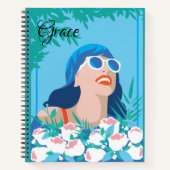 Retro-Frau mit Blume und Sonnenschein Notizblock (Vorderseite)