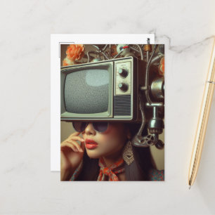 Retro-Frau mit einem Fernseher auf dem Kopf Steamp Postkarte
