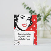 Retro-Frau mit einem Zeichen zum Geburtstag Einladung (Stehend Vorderseite)