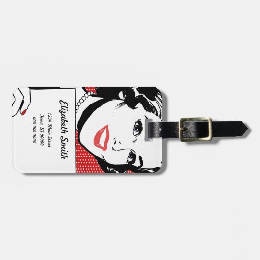 Retro-Frau mit Zeichen Gepäckanhänger (Vorderseite horizontal)