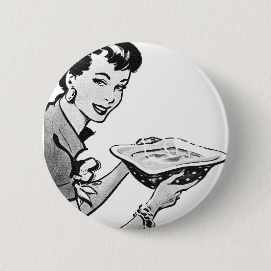Retro Frau mit Zuhause gekochter Mahlzeit Button (Vorderseite)