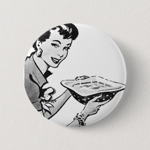 Retro Frau mit Zuhause gekochter Mahlzeit Button
