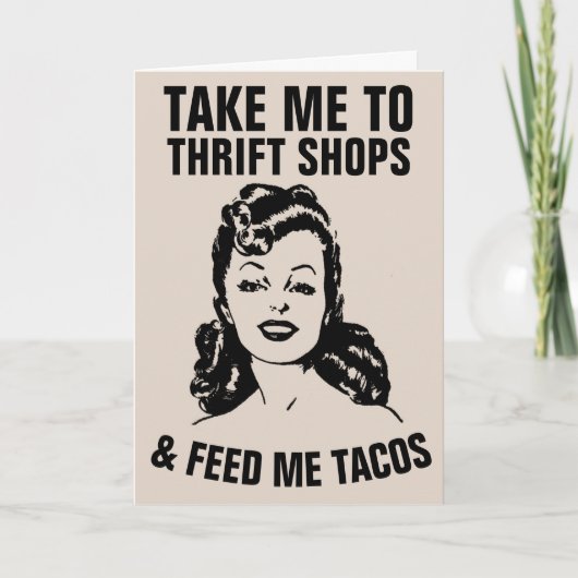 RETRO-FRAU SECOND-HAND-LÄDEN & TACOS FUNNY Karten (Vorderseite)