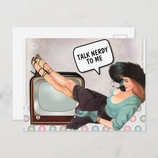 RETRO FRAU SPRICHT NERDY MIT MIR FUNNY POSTCARD POSTKARTE (Vorne/Hinten)