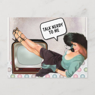 RETRO FRAU SPRICHT NERDY MIT MIR FUNNY POSTCARD POSTKARTE