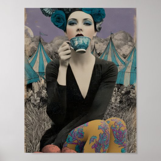 Retro-Frau trinkt Tee im Zirkus Poster (Vorne)