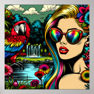 Retro-Frau und Papagei im Park Pop-Art  Poster