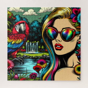 Retro-Frau und Papagei im Park Pop-Art  Puzzle