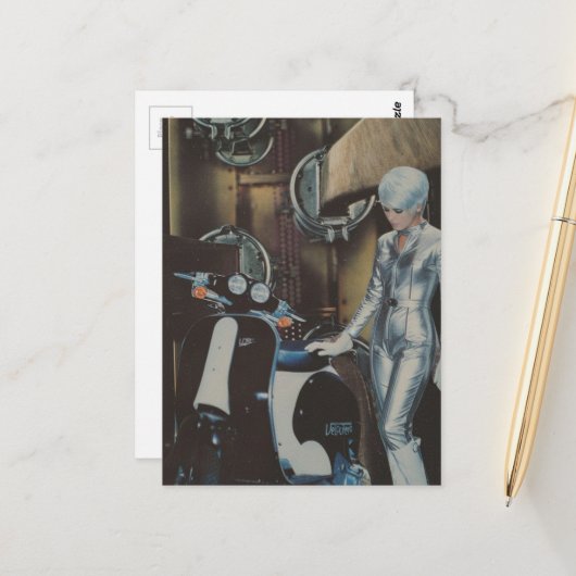 Retro-Frau und Roller-Collage Postkarte (Vorderseite/Rückseite Beispiel)