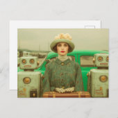 Retro-Frau und zwei Roboter Postkarte (Vorne/Hinten)