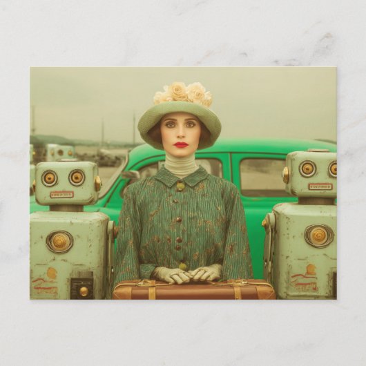 Retro-Frau und zwei Roboter Postkarte (Vorderseite)