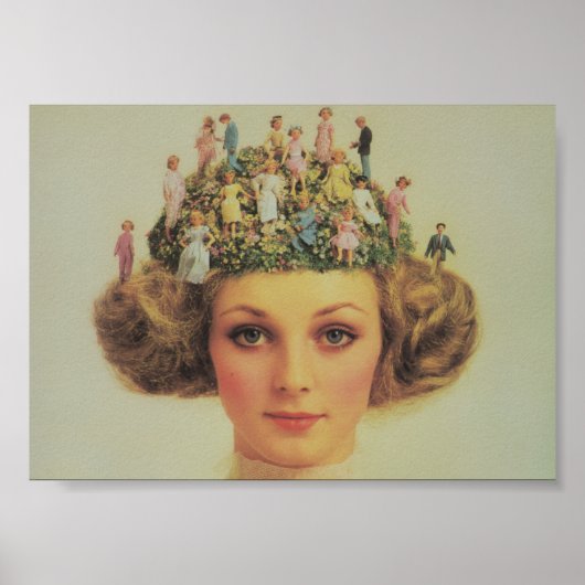 Retro Frauen surreales Haar mit winzigen Menschen Poster (Vorne)