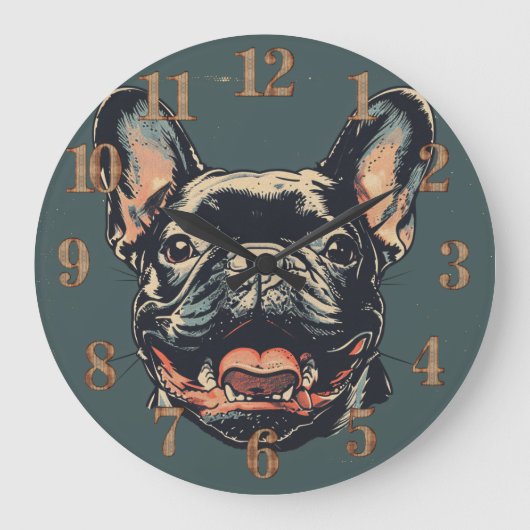 Retro French Bulldog Clock Große Wanduhr (Vorderseite)