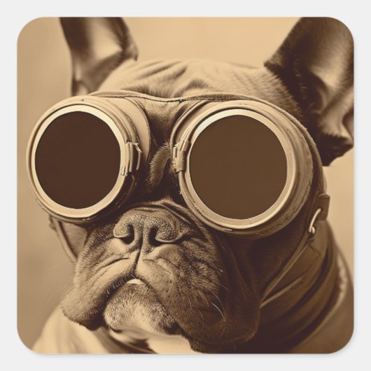 Retro Frenchie Sepia Quadratischer Aufkleber (Vorderseite)