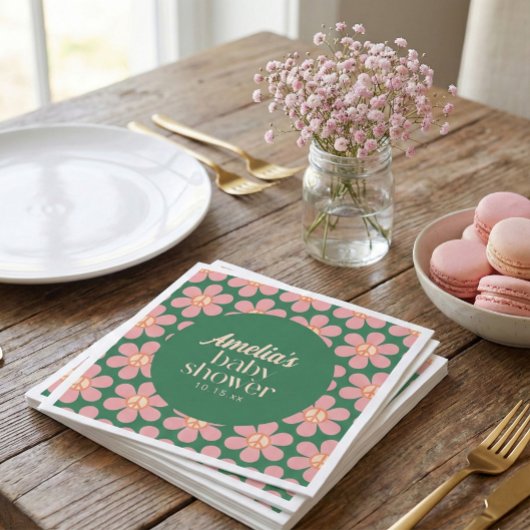 Retro-Friedenszeichen-Blume Grün Rosa Baby Shower Serviette