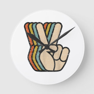 Retro-Friedenszeichen V-Finger Vintage 60er 70er 8 Runde Wanduhr