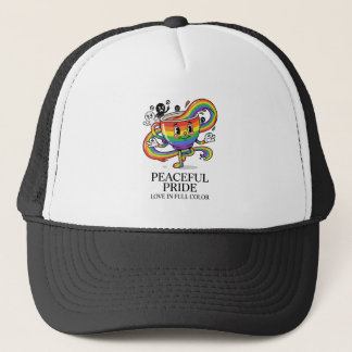 Retro friedliches Pride-Regenbogen-Kaffeetassen-T- Truckerkappe