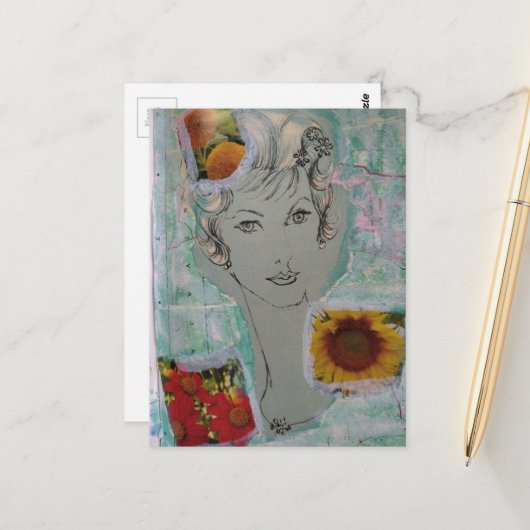 Retro-Frisuren Frau und Blumen Collage Postkarte (Vorderseite/Rückseite Beispiel)