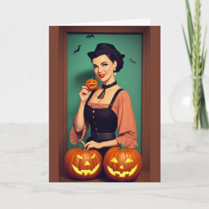 Retro Frohe Halloween-Dame mit Kürbissen Karte