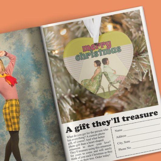 Retro Frohe Weihnachten Herz-Shaped Foto Ornament