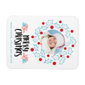 Retro Frohe Weihnachten Holly Red Berries Foto Magnet (Horizontal)