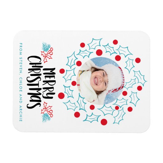 Retro Frohe Weihnachten Holly Red Berries Foto Magnet (Horizontal)