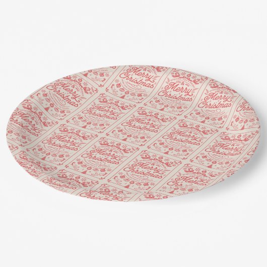 Retro Frohe Weihnachten Pappteller (Schrägansicht)