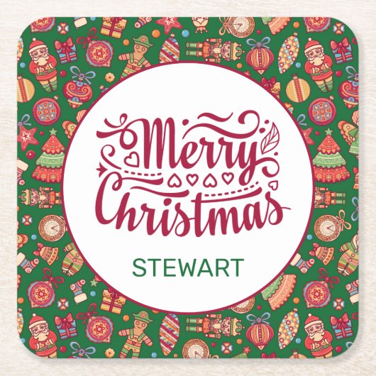 Retro Frohe Weihnachten Personalisiert Rechteckiger Pappuntersetzer (Vorderseite)