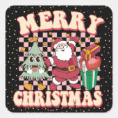 Retro Frohe Weihnachtsfeier Weihnachtsbaum der 70e Quadratischer Aufkleber (Vorderseite)