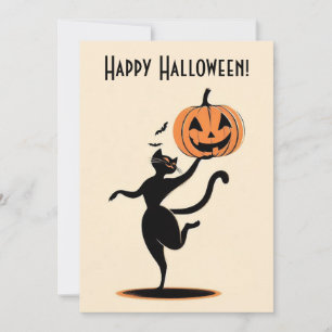 Retro Frohes Halloween Tanzende schwarze Katze Kür Feiertagskarte