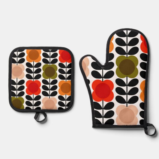 Retro fröhliche Spot-Blume Stech, Tomatenrosa Ofenhandschuh & Topflappen-Set (Vorderseite)