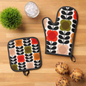 Retro fröhliche Spot-Blume Stech, Tomatenrosa Ofenhandschuh & Topflappen-Set (Oben Unten)