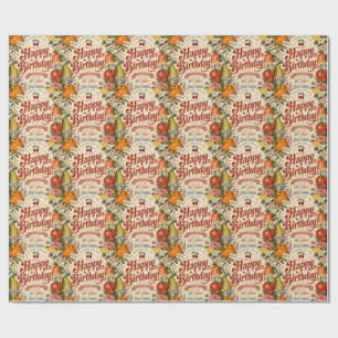 Retro-Frucht-Geburtstagsgruß, farbenfrohe Blumen-G Geschenkpapier