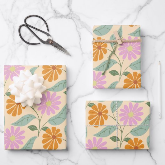 Retro-Frühlingsblumen Geschenkpapier Set (Vorderseite)