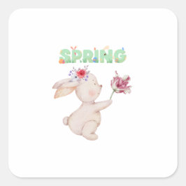 Retro-Frühlingshase mit Tulpen-Grafik-T-Shirt Quadratischer Aufkleber
