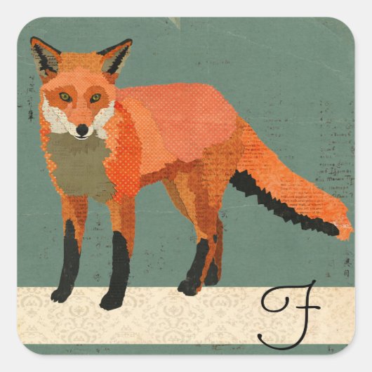Retro-Fuchs-Monogramm-Aufkleber Quadratischer Aufkleber (Vorderseite)