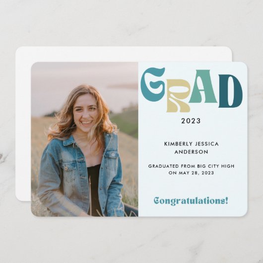 Retro Fun Blue Grad Foto 2023 Abschluss Ankündigung (Vorne/Hinten)