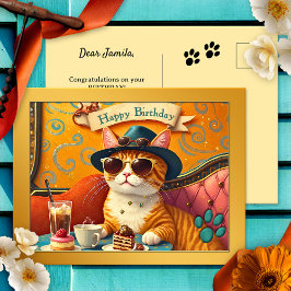 Retro Fun Cat and Cake Birthday Postkarte