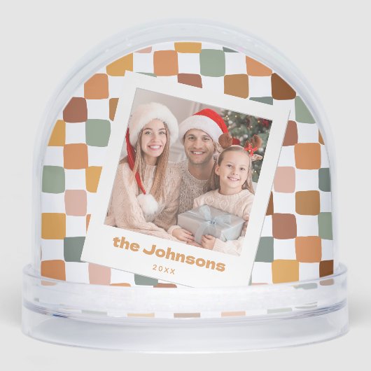 Retro Fun Checkered Family Photo Groovy Christmas Schneekugeln (Vorderseite)
