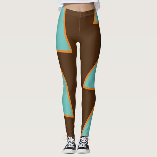 Retro Fun Dreiecke Aquamarin und Lachs auf Braun Leggings (Vorderseite)
