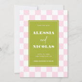 Retro Fun Pink & Green Checkerboard Check Wedding Save The Date (Vorderseite)