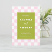 Retro Fun Pink & Green Checkerboard Check Wedding Save The Date (Stehend Vorderseite)