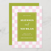 Retro Fun Pink & Green Checkerboard Check Wedding Save The Date (Vorne/Hinten)
