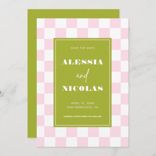 Retro Fun Pink & Green Checkerboard Check Wedding Save The Date (Vorne/Hinten)
