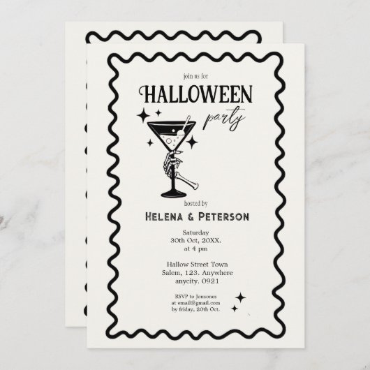 Retro Fun Schwarz-Weiß-Halloween-Party Einladung (Vorne/Hinten)