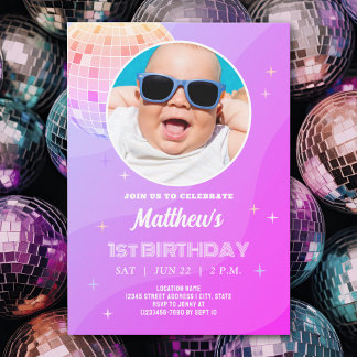 Retro Funky 80er 90s Disco Erstes Geburtstag Foto Einladung